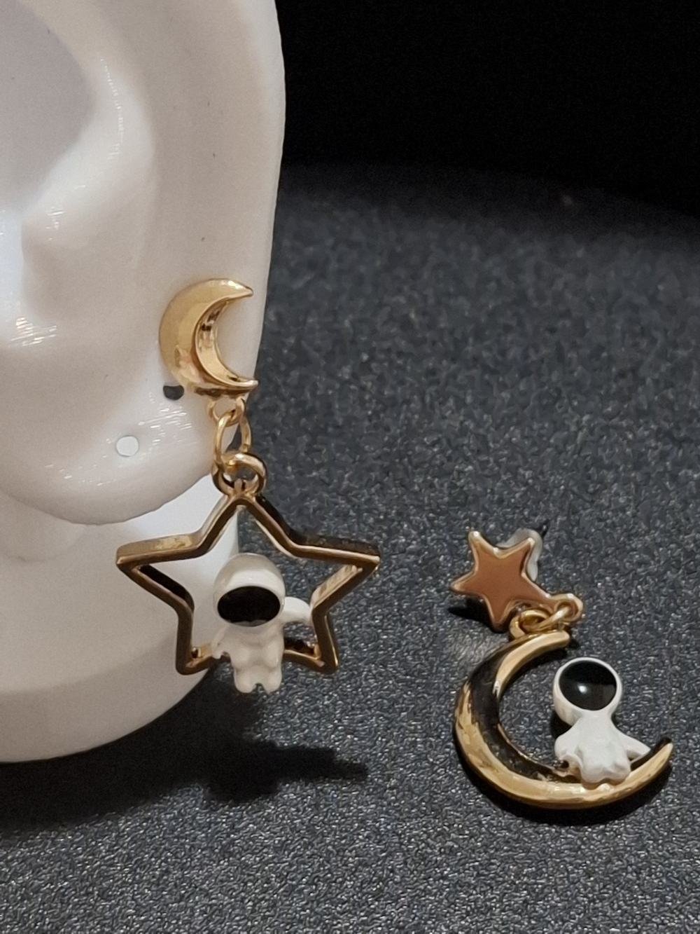 Gold-Tone Moon & Star Astronaut Drop Earrings in White and Gold